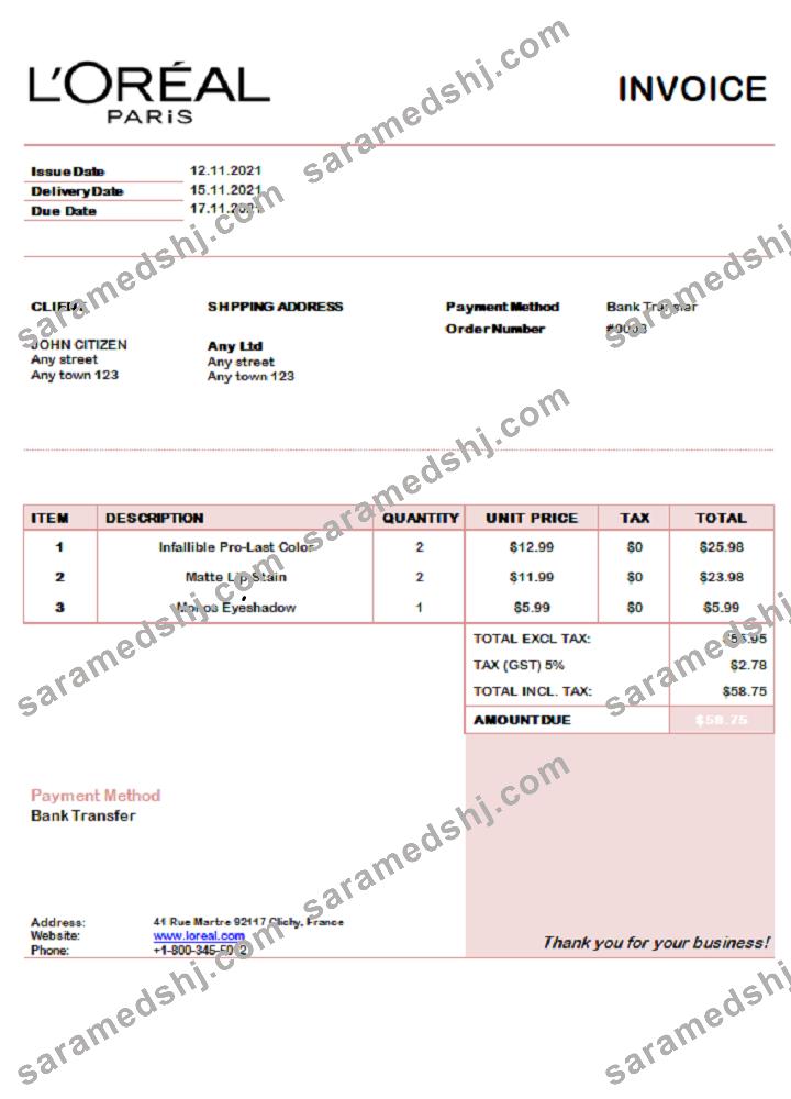 USA L’oreal Paris invoice